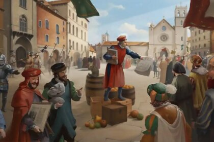 A merchant selling goods in medieval Europe, as seen in Europa Unversalis 5.