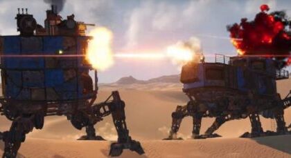 Sand is an open-world PvPvE game where players build stompy robot bases to explore an alien planet