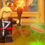 A screenshot of LEGO Fortnite. Thor is stood next to a Knotroot Rod