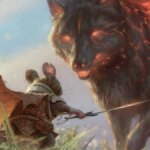 A small mouse with a sword battles a dog on fire in MTG.