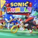 Sonic Characters chasing rings in a green field. The title of the game: sonic rumble is in the foreground