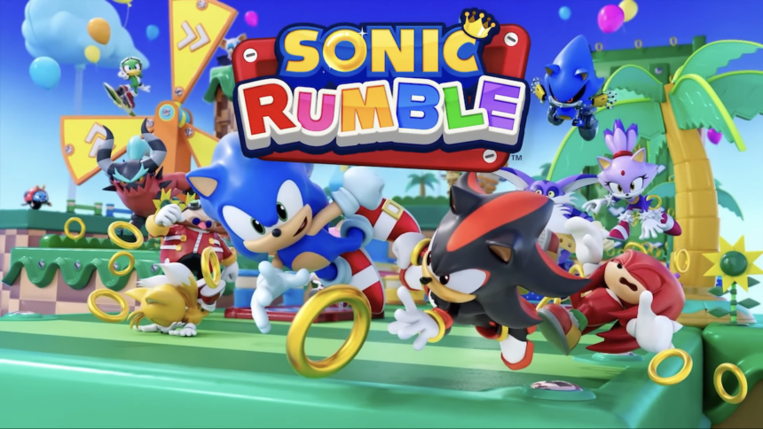 Sonic Characters chasing rings in a green field. The title of the game: sonic rumble is in the foreground