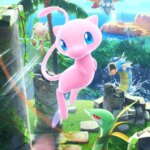 Mew Pokémon flying in forest island location with other Pokémon in the back and sunlight reflections.