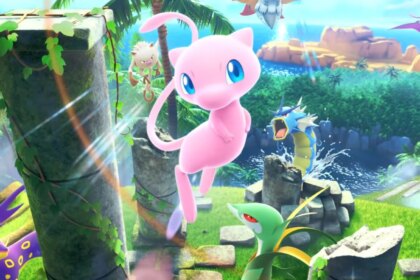 Mew Pokémon flying in forest island location with other Pokémon in the back and sunlight reflections.