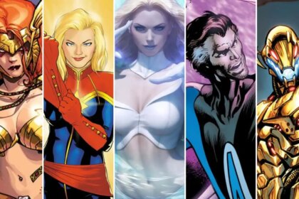 An edited image showing Angela, Captain Marvel, Emma Frost, Mister Fantastic, and Ultron.