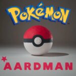 Pokémon and Aardman logos over Pokéball with a plain grey background from collaborative project.