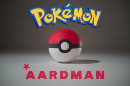 Pokémon and Aardman logos over Pokéball with a plain grey background from collaborative project.