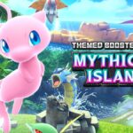 The key art for "Mythical Island" in Pokémon Trading Card Game Pocket. Mew is the focus of this image, with Mankey and Volcarona behind it. Gyarados is emerging from nearby water, and an Aerodactyl is swooping by.