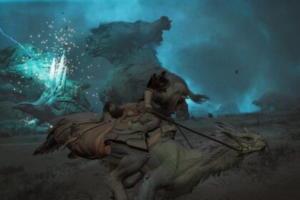 A character rides a creature through a dark, desert scene while two giant monsters fight in the background.