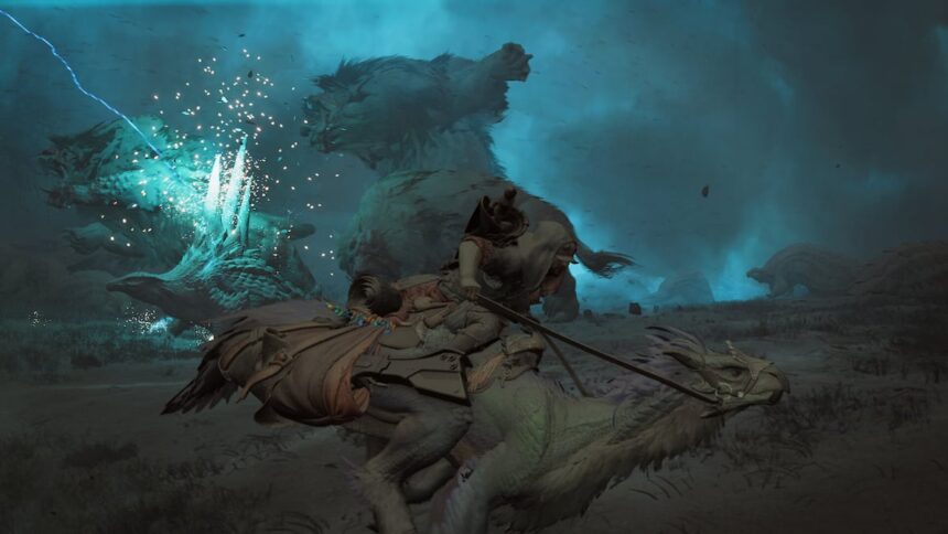 A character rides a creature through a dark, desert scene while two giant monsters fight in the background.