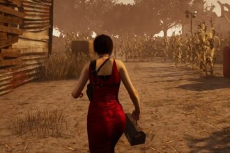 Ada in a red dress in a cornfield