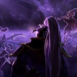 Dota 2 hero Void Spirit looking at the purple sky with celestial formations of Phantom Assassin, Skywrath Mage, and Troll Warlord in front.