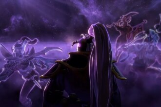 Dota 2 hero Void Spirit looking at the purple sky with celestial formations of Phantom Assassin, Skywrath Mage, and Troll Warlord in front.