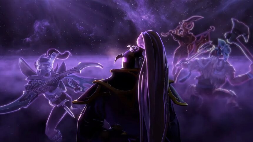 Dota 2 hero Void Spirit looking at the purple sky with celestial formations of Phantom Assassin, Skywrath Mage, and Troll Warlord in front.