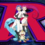 Jessie, James, and Meowth all pose with Wobbuffet in the background, and a giant R behind them.