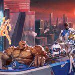 The Fantastic Four gathered in New York with The Thing, Invisible Woman, and Mister Fantastic sitting in a flying car while Human Torch flies in the back ground behind them in Marvel Rivals.