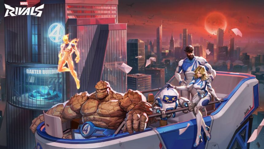 The Fantastic Four gathered in New York with The Thing, Invisible Woman, and Mister Fantastic sitting in a flying car while Human Torch flies in the back ground behind them in Marvel Rivals.