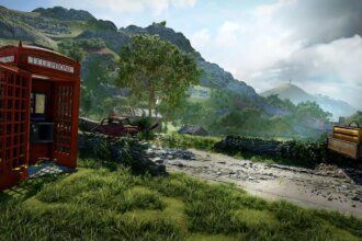 A red phone booth sits on a country lane that