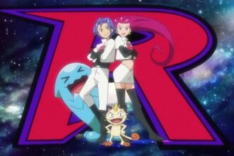 Jessie, James, and Meowth all pose with Wobbuffet in the background, and a giant R behind them.