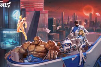 The Fantastic Four gathered in New York with The Thing, Invisible Woman, and Mister Fantastic sitting in a flying car while Human Torch flies in the back ground behind them in Marvel Rivals.